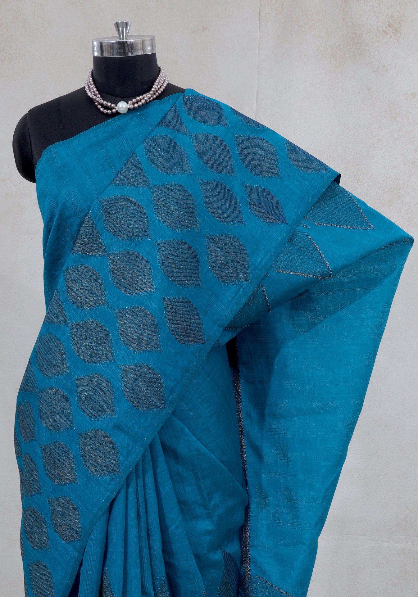 Dhupian Thread Silk Saree Peacock Blue Woven Motif