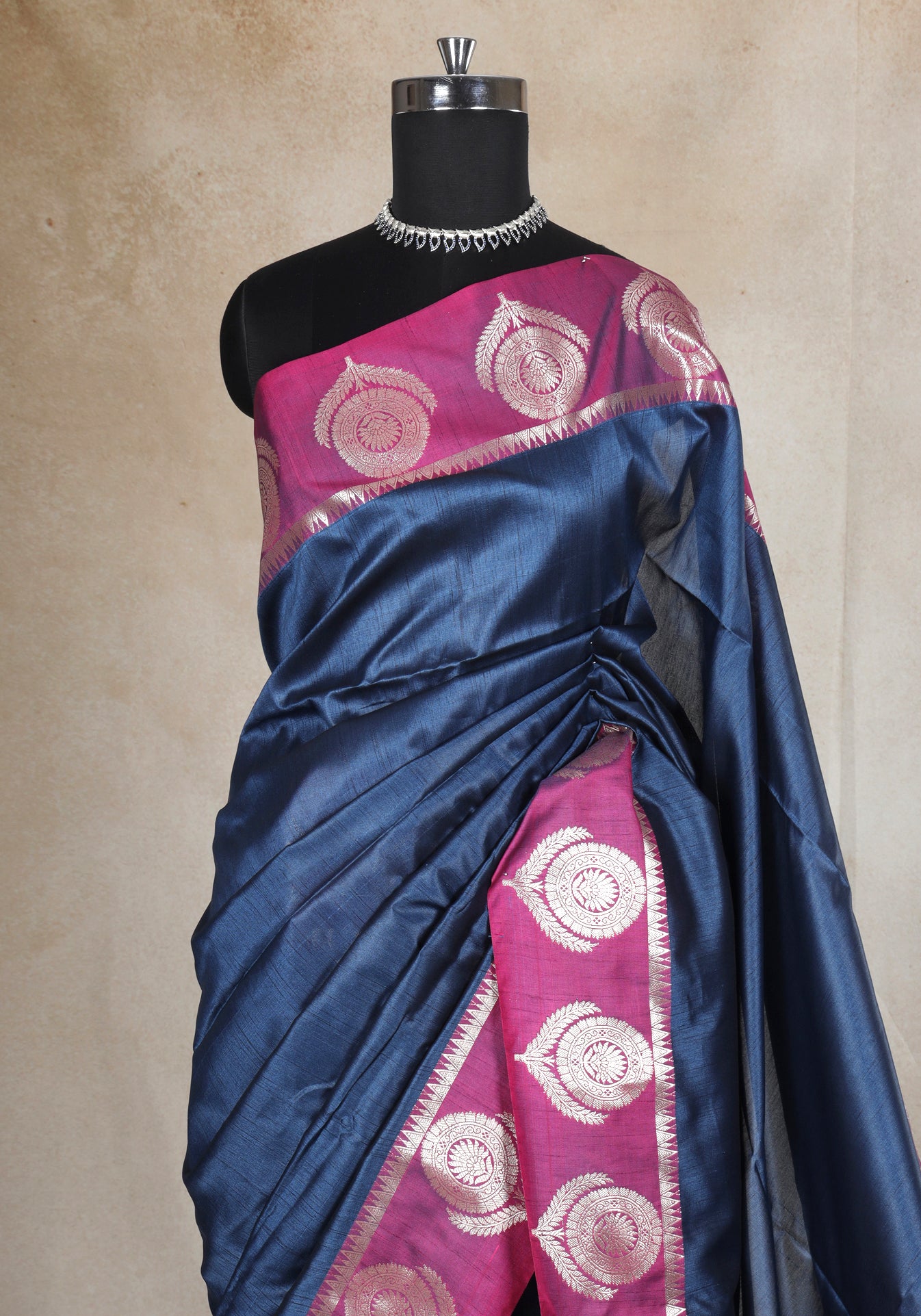 Navy Blue Magenta Silver Motif Fancy Silk Saree - FSS-1-1002