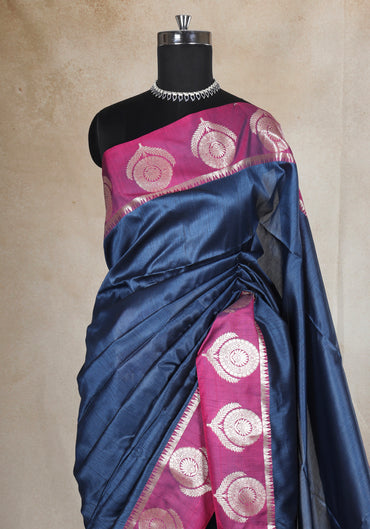 Navy Blue Magenta Silver Motif Fancy Silk Saree - FSS-1-1002