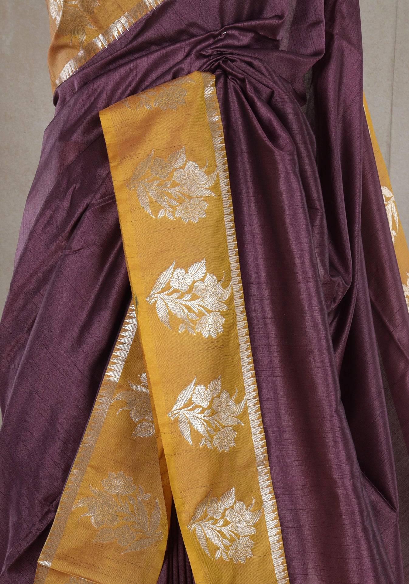 Wine Plum Mustard Floral Pallu Fancy Silk Saree - FSS-1-1004