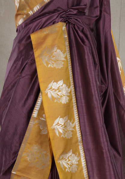 Wine Plum Mustard Floral Pallu Fancy Silk Saree - FSS-1-1004