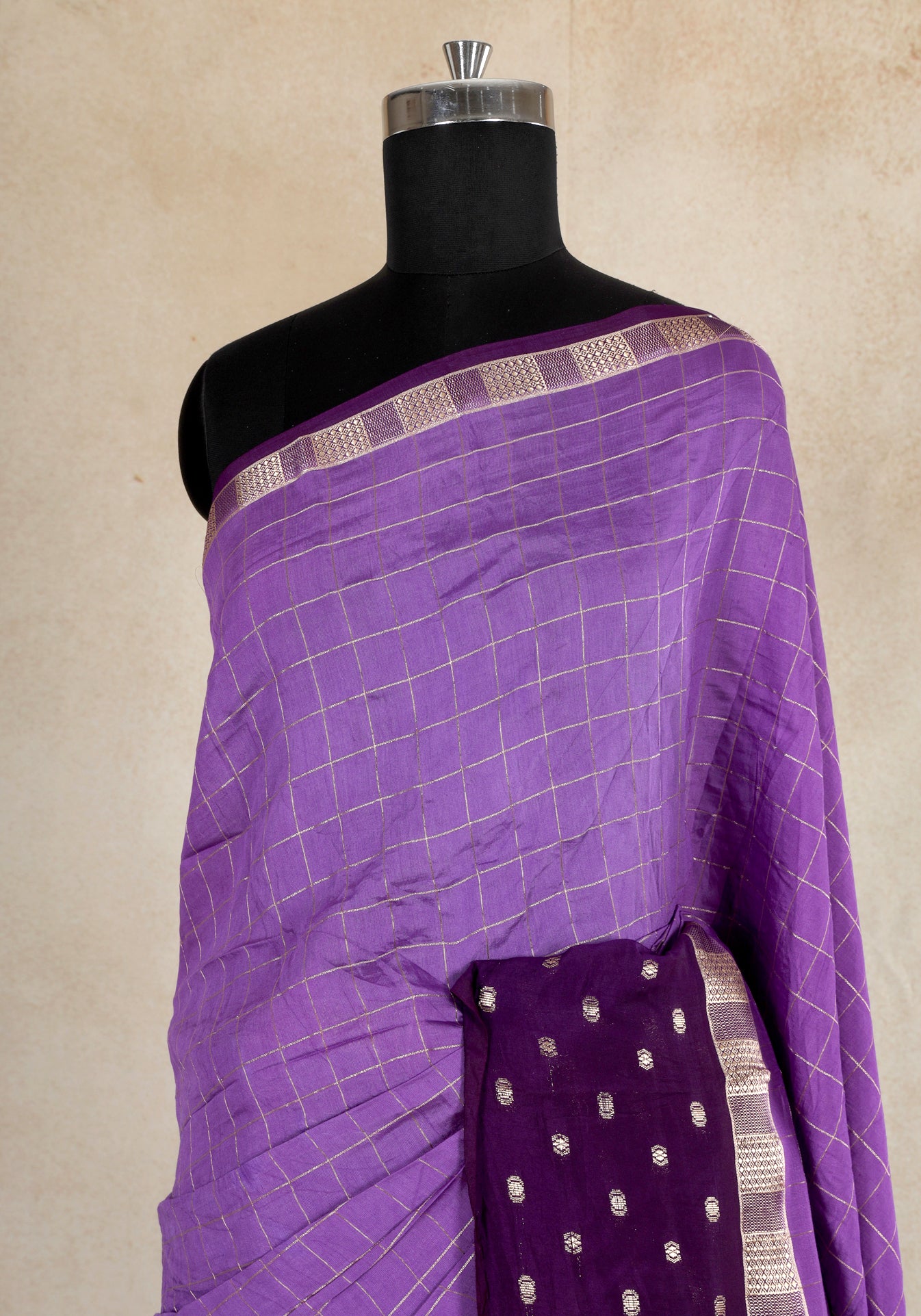 Violet Purple Checkered Border Fancy Saree - VGS-1-3001