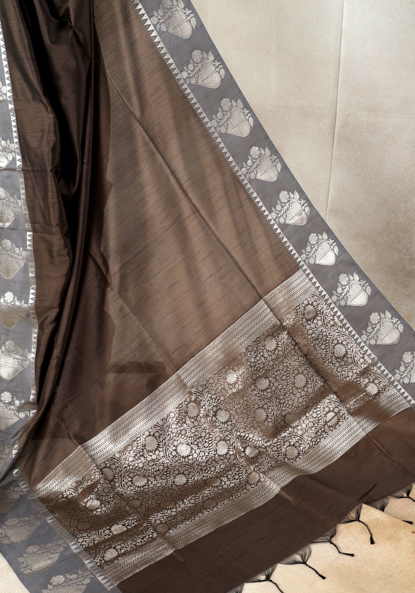 Coffee Brown Silver Floral Border Fancy Silk Saree - FSS-1-1006