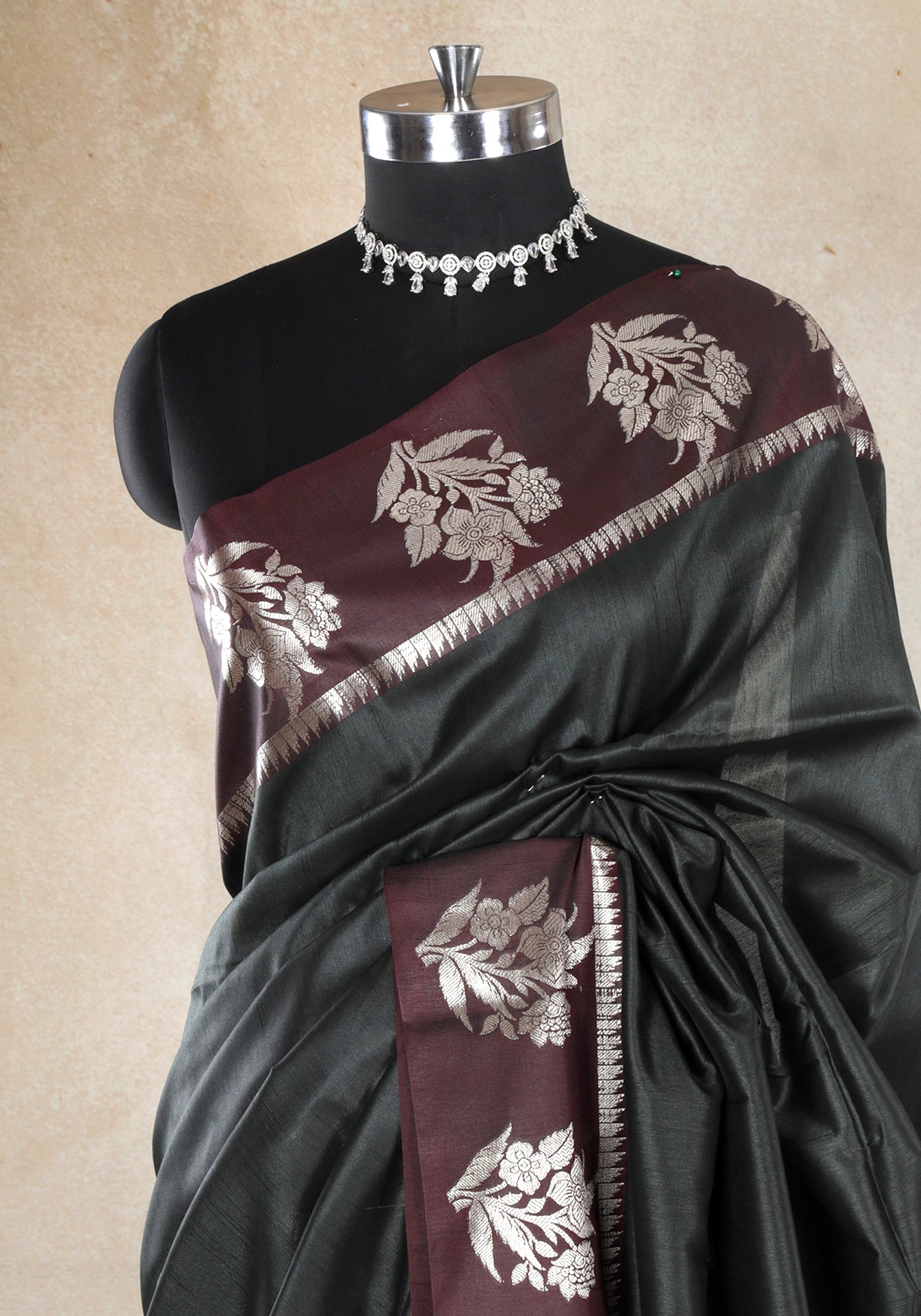 Forest Green Wine Silver Floral Border Fancy Silk Saree - FSS-1-1005