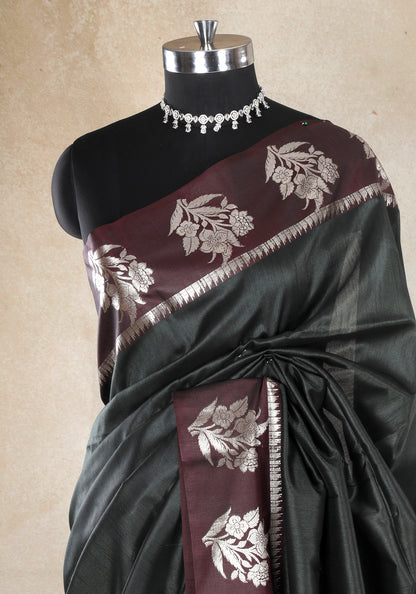 Forest Green Wine Silver Floral Border Fancy Silk Saree - FSS-1-1005