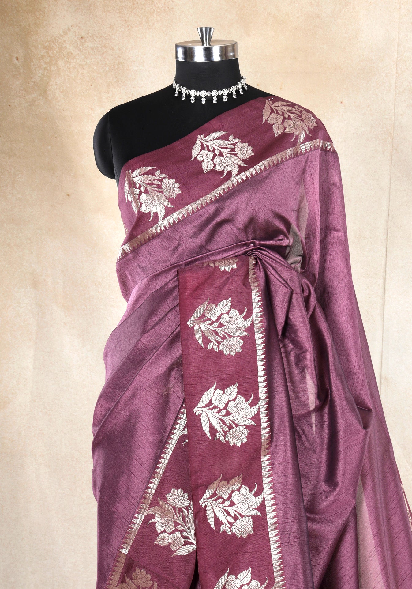 Dhupian Silk Saree Dusty Mauve Silver Floral Border