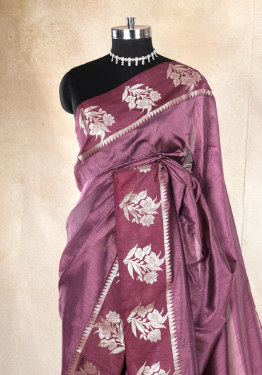 Dhupian Silk Saree Dusty Mauve Silver Floral Border