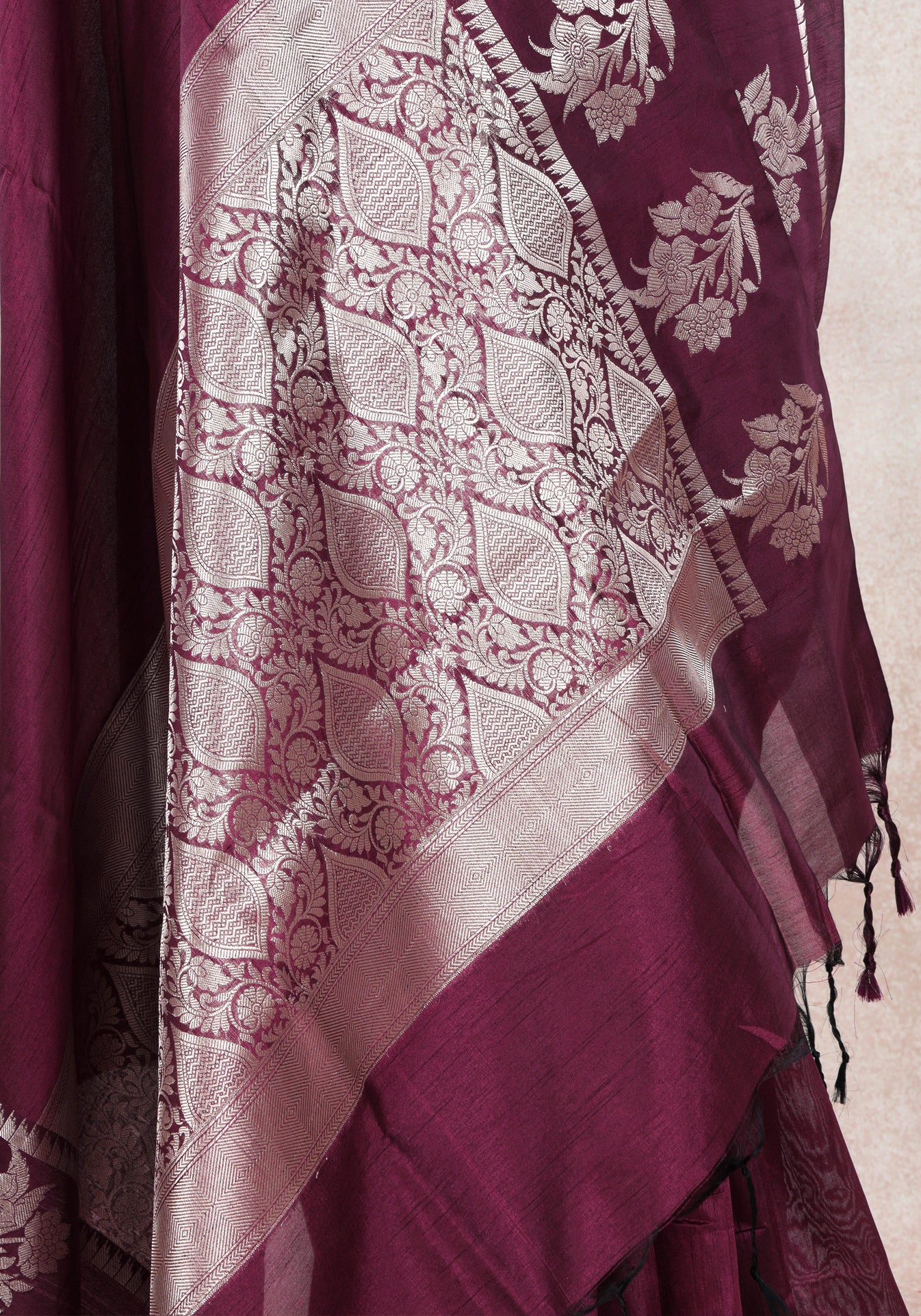 Magenta Wine Silver Floral Border Fancy Silk Saree - FSS-1-1007