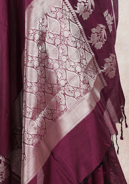 Magenta Wine Silver Floral Border Fancy Silk Saree - FSS-1-1007