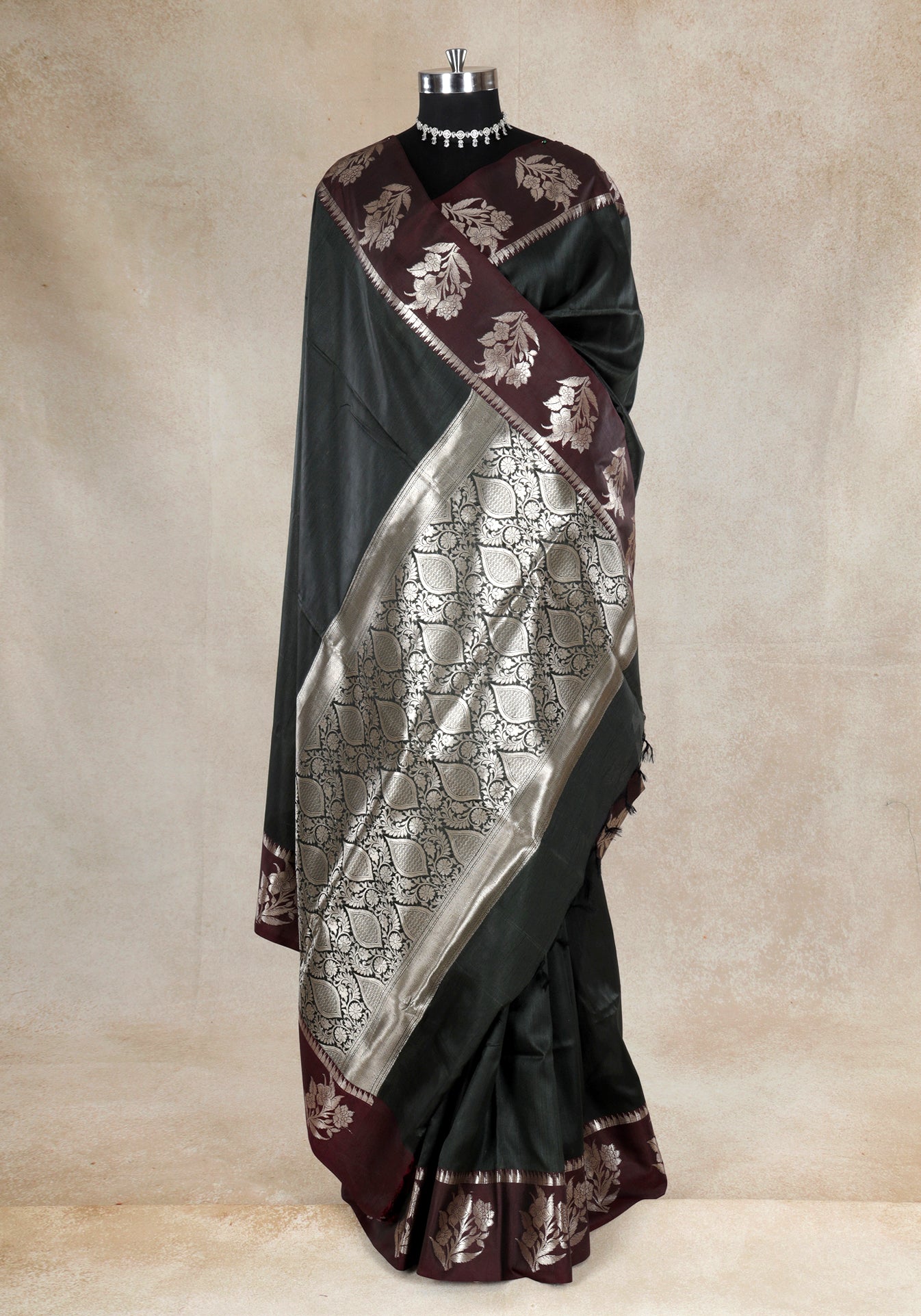 Forest Green Wine Silver Floral Border Fancy Silk Saree - FSS-1-1005