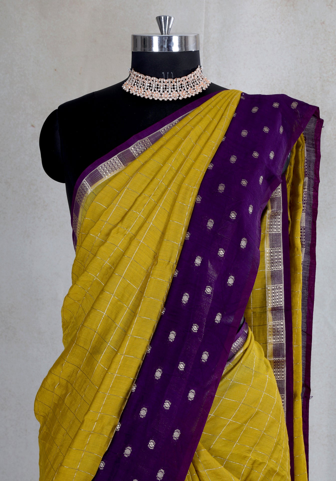 Mustard Yellow Purple Dotted Border Fancy Saree - VGS-1-3003