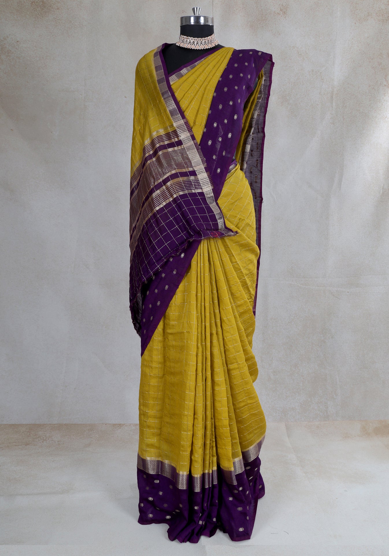 Mustard Yellow Purple Dotted Border Fancy Saree - VGS-1-3003