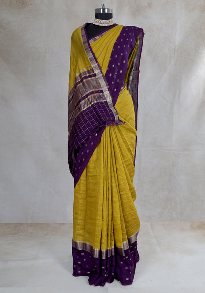 Mustard Yellow Purple Dotted Border Fancy Saree - VGS-1-3003