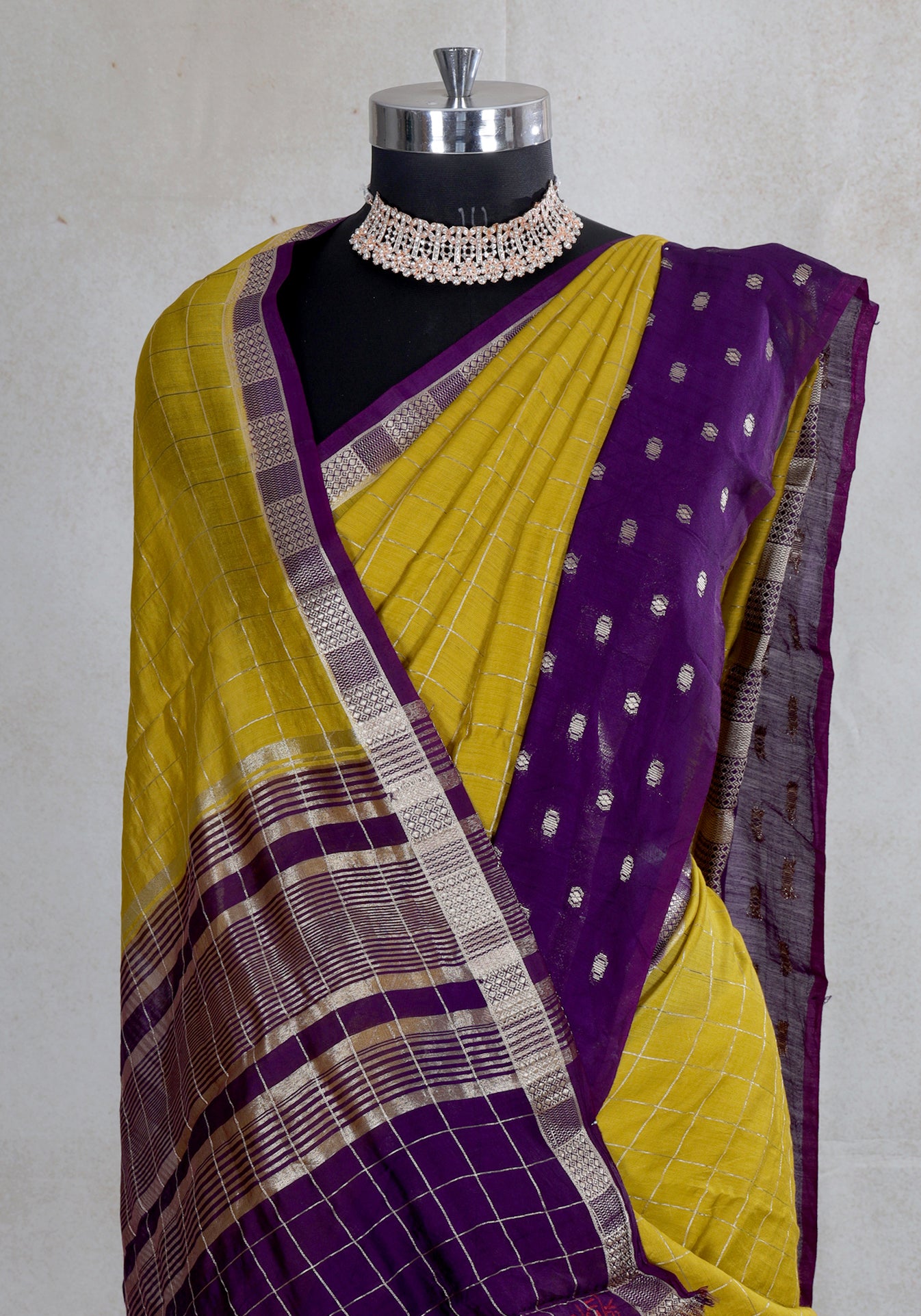 Mustard Yellow Purple Dotted Border Fancy Saree - VGS-1-3003