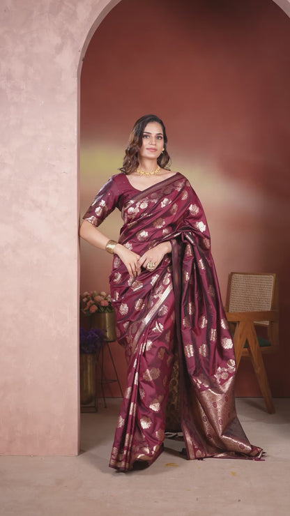 Satin Silk Pallu Saree Deep Maroon Gold Buti