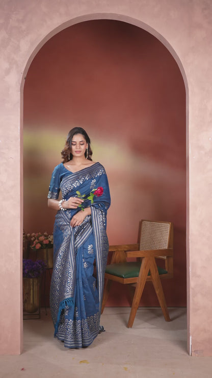 Bhagalpuri Tissue Silk Saree Steel Blue Silver Thread Work