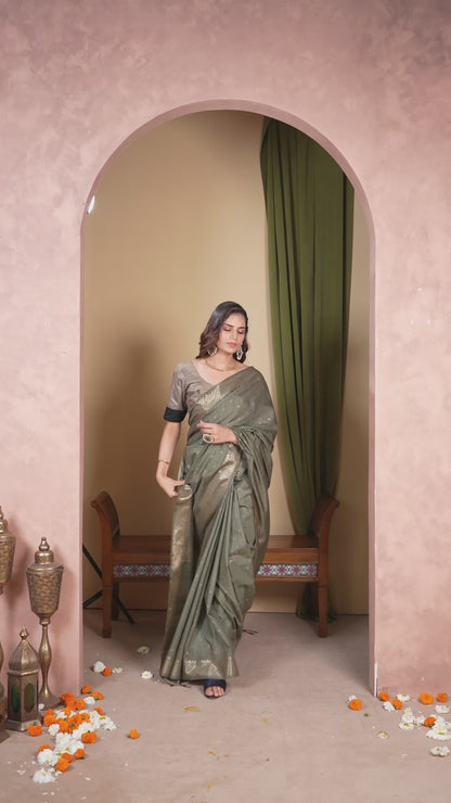 Bhagalpuri Tissue Silk Saree Olive Green Gold Buti