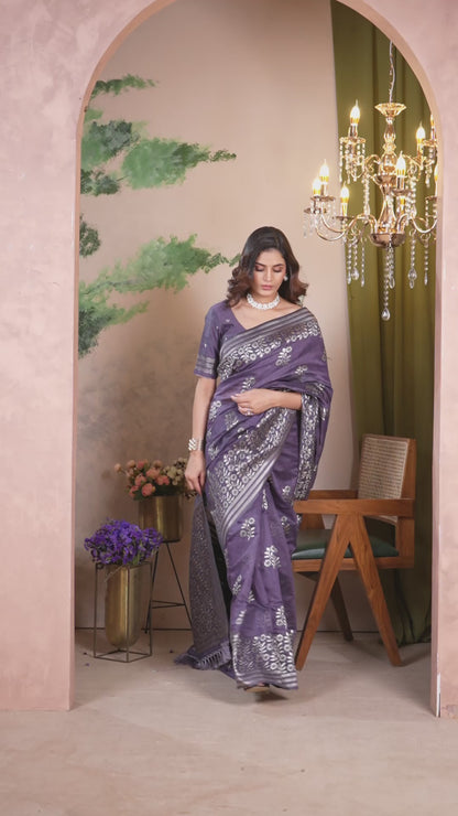Bhagalpuri Tissue Silk Saree Deep Purple Silver Thread Work