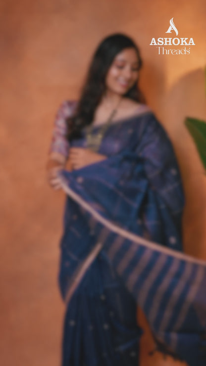 Linen Cotton Saree Navy Blue Mustard Line Motifs