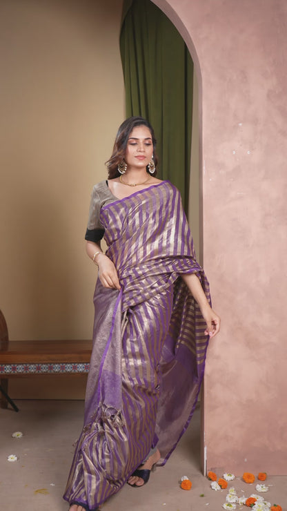 Bhagalpuri Tissue Silk Saree Striped Deep Purple Gold