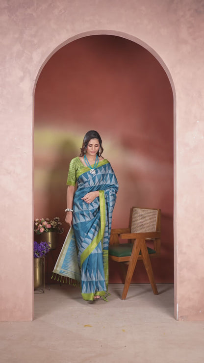 Fancy Saree Slate Blue & Lime Green Geometric