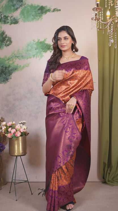 Art Silk Saree Golden Orange & Purple Floral Jaal