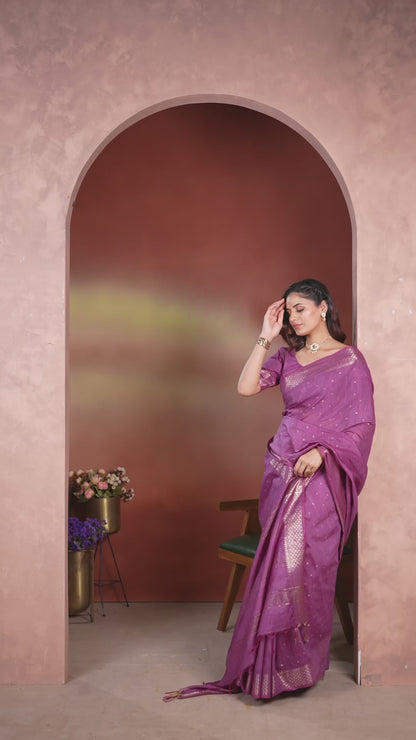 Bhagalpuri Tissue Silk Saree Magenta Purple Gold Buti