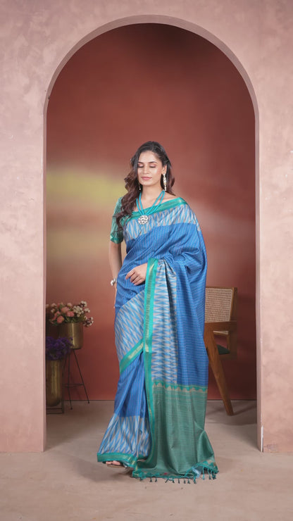 Fancy Saree Royal Blue & Teal Ikat
