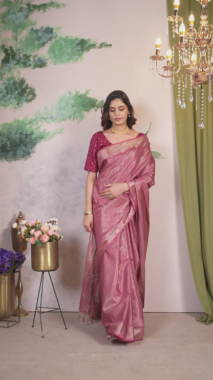 Bhagalpuri Tissue Silk Saree Dusty Rose Gold Zari Pallu
