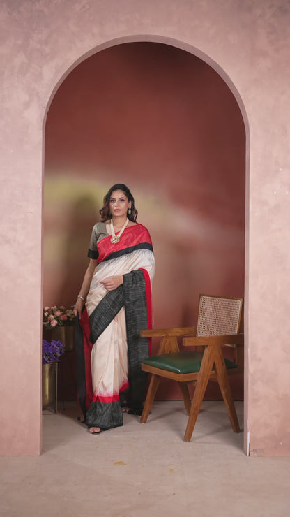 Dola Silk Saree Bold Stripe White Red & Black
