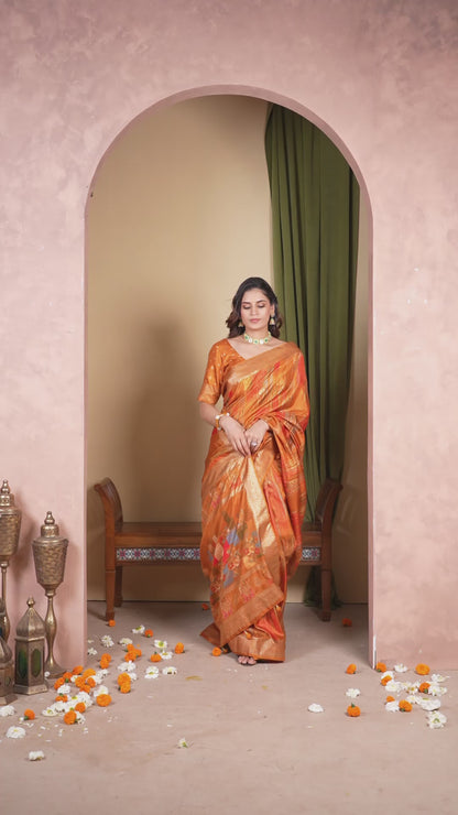 Dola Silk Saree Orange Golden Patchwork