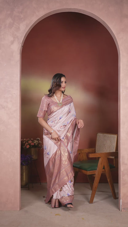Dola Silk Saree Blush Beige Botanical Print