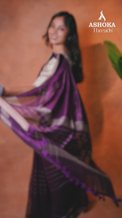 Linen Cotton Saree Purple Mustard Line Motifs