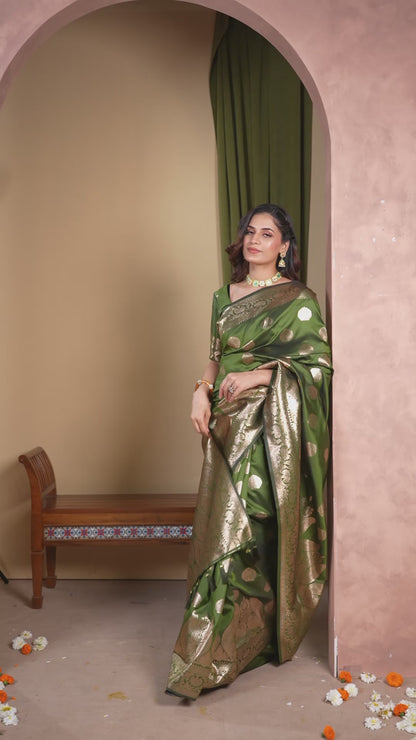 Satin Silk Pallu Saree Emerald Green Gold Buti