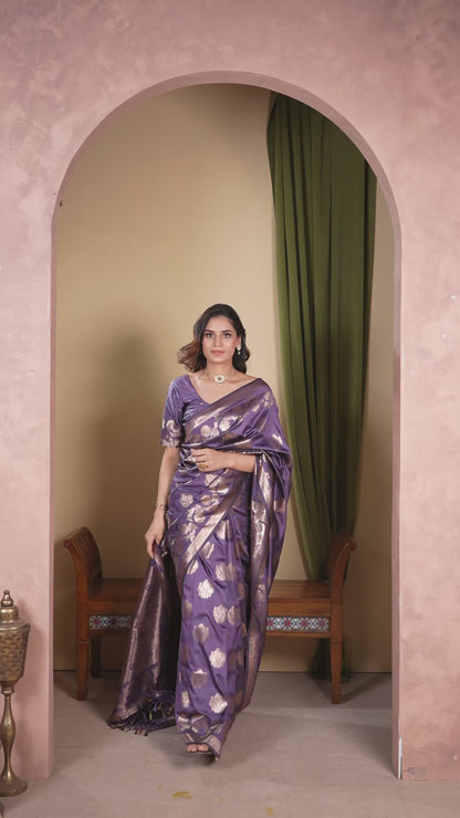 Satin Silk Saree Rich Purple Gold Woven Net