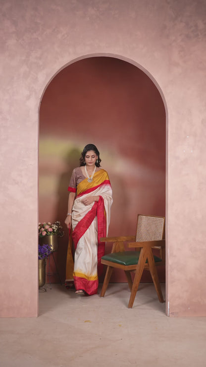 Dola Silk Saree Red Yellow Colour Block