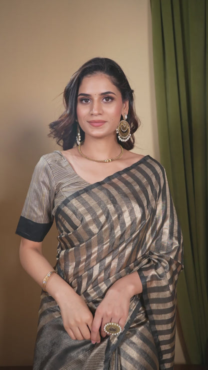 Bhagalpuri Tissue Silk Saree Striped Dark Charcoal Gold
