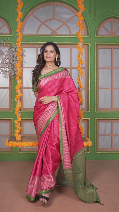 Fancy Saree Rose Coral & Green Zigzag