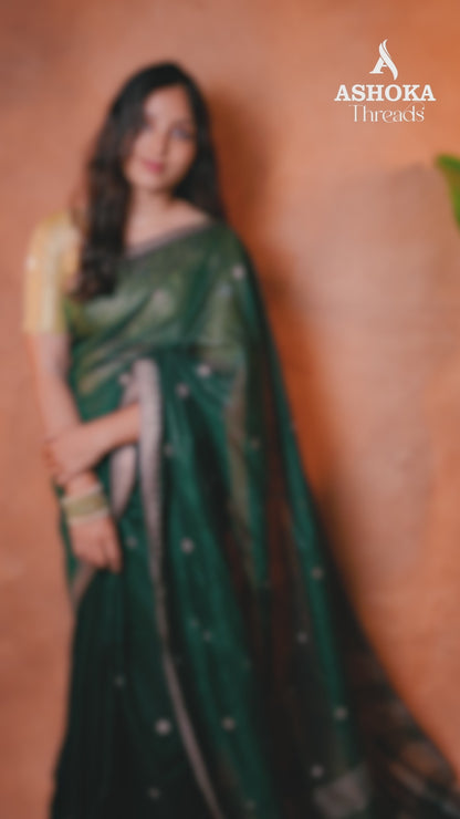Linen Cotton Saree Forest Green Woven Buti