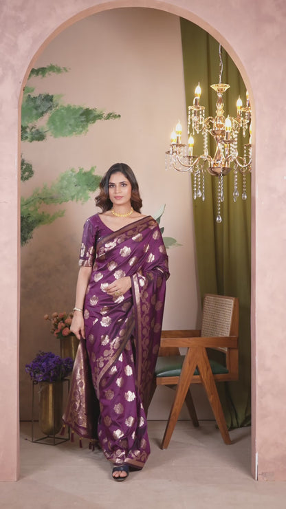 Satin Silk Pallu Saree Royal Violet Gold Buti