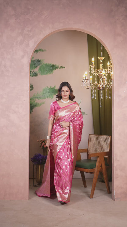 Satin Silk Zeri Saree Coral Pink Intricate Gold