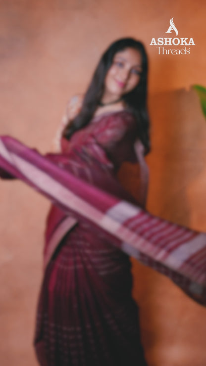 Linen Cotton Saree Wine Maroon Woven Lines
