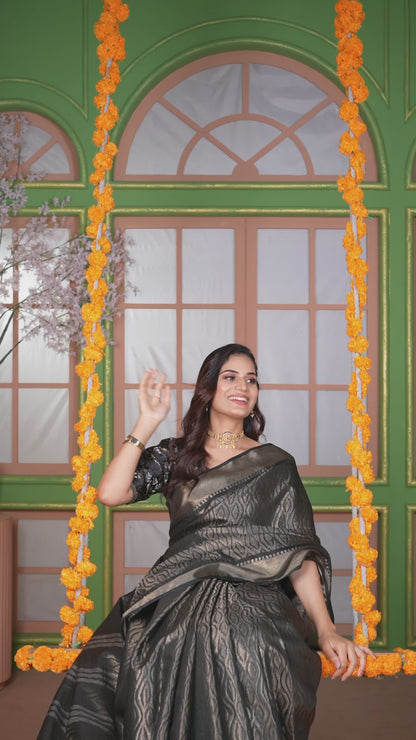 Bhagalpuri Tissue Silk Saree Black Coal Gold Zari Pallu