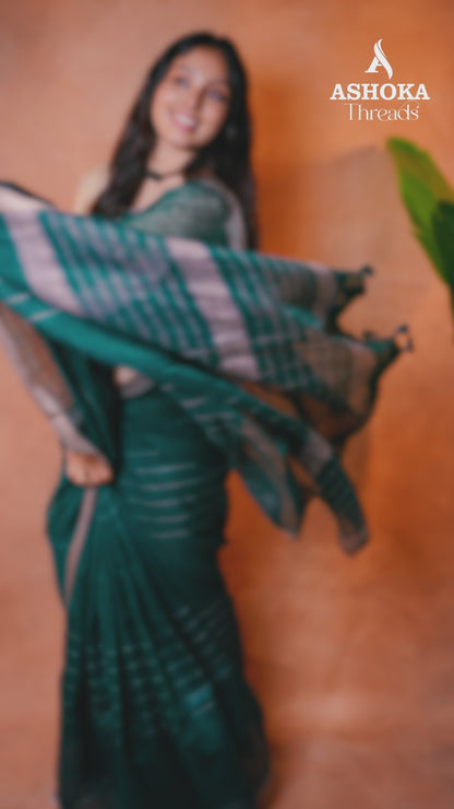 Linen Cotton Saree Peacock Teal Green