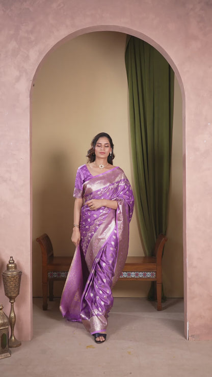 Satin Silk Zeri Saree Lavender Gold Zari