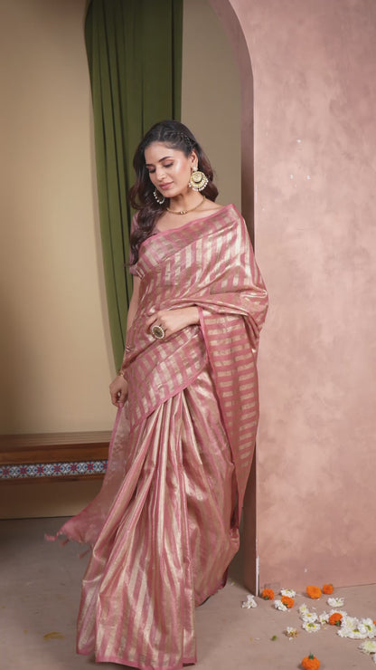 Bhagalpuri Tissue Silk Saree Striped Muted Rose Gold