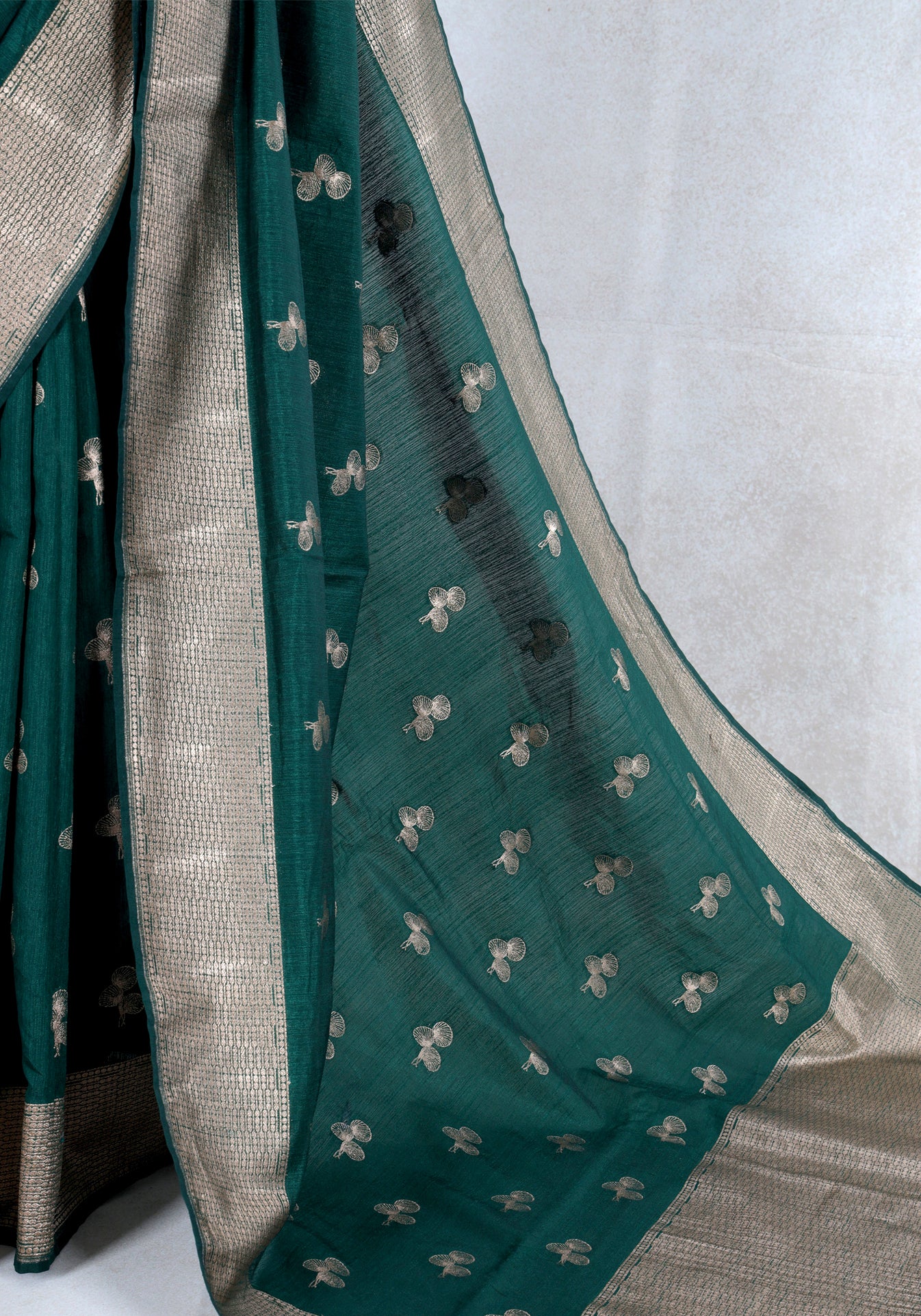 Teal Green Silver Buti Tissue Silk Saree - TBS-1-1001