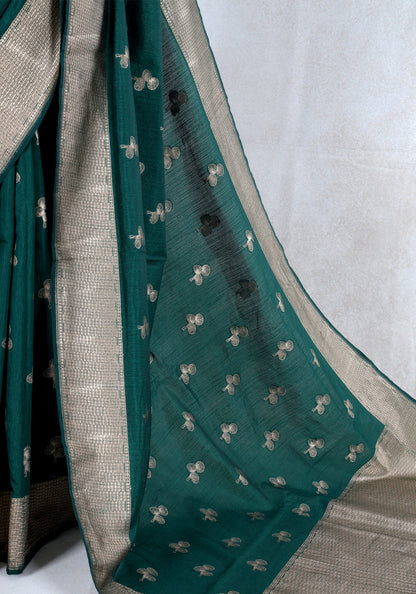 Teal Green Silver Buti Tissue Silk Saree - TBS-1-1001