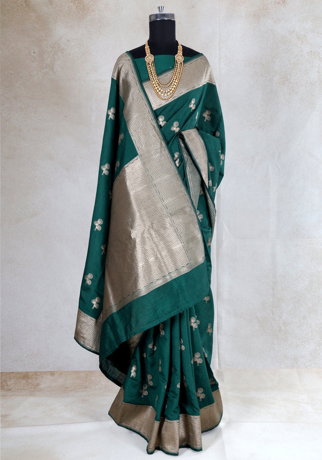 Teal Green Silver Buti Tissue Silk Saree - TBS-1-1001